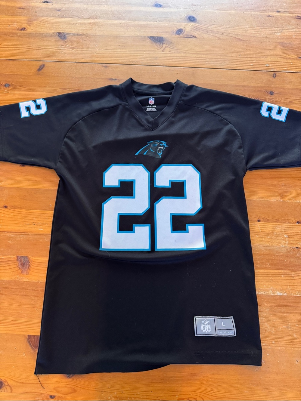 NFL Carolina Panthers #22 Black and Carolina Blue Jersey Boys Large